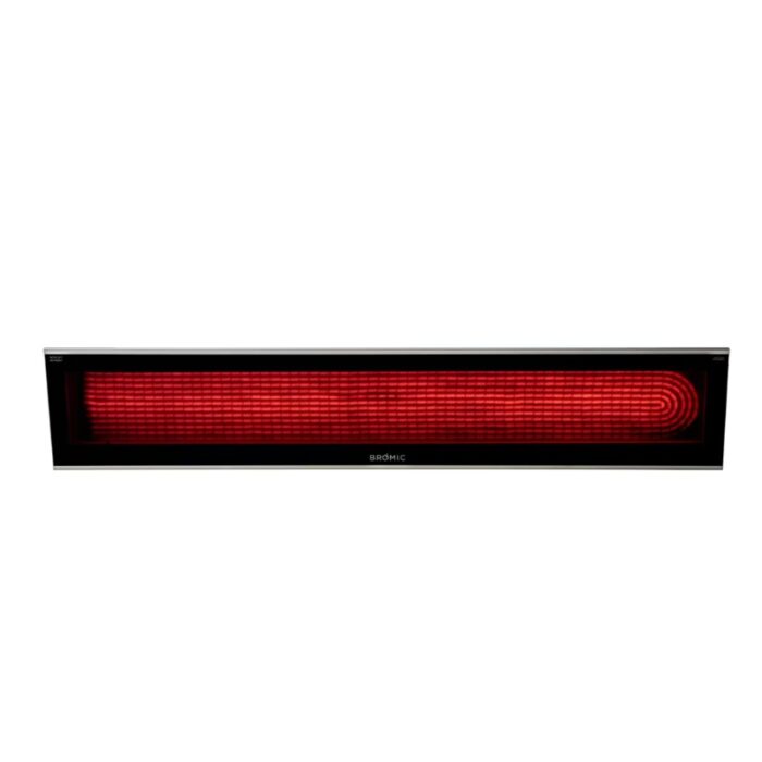 Bromic infrared heater with a sleek black design and a glowing red heating element, ideal for outdoor and indoor heating solutions.