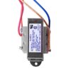 Compact electrical transformer with multiple colored wires, suitable for low voltage applications.