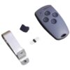 Remote control with four buttons, metal clip, rubber cover, and wiring components for various electronic devices.