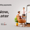 Three people discussing a "Buy Now, Pay Later" payment option with a large smartphone graphic in the background, featuring Affirm branding.