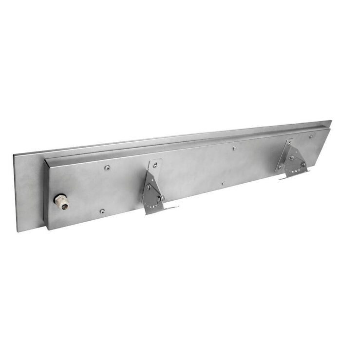 Stainless steel linear drain with mounting brackets and inlet for efficient water drainage in showers and outdoor spaces.