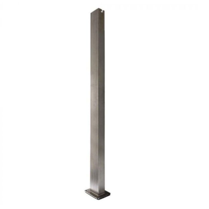 Stainless steel vertical support post with a square base, designed for structural applications.