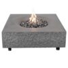 Modern square fire pit with lava rocks and flame, featuring a sleek gray concrete design. Ideal for outdoor gatherings and enhancing patio ambiance.