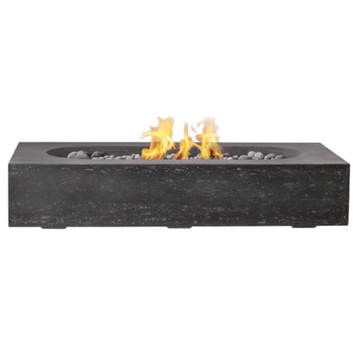 Modern rectangular outdoor fire pit with flames and decorative stones, set on a sleek black base.