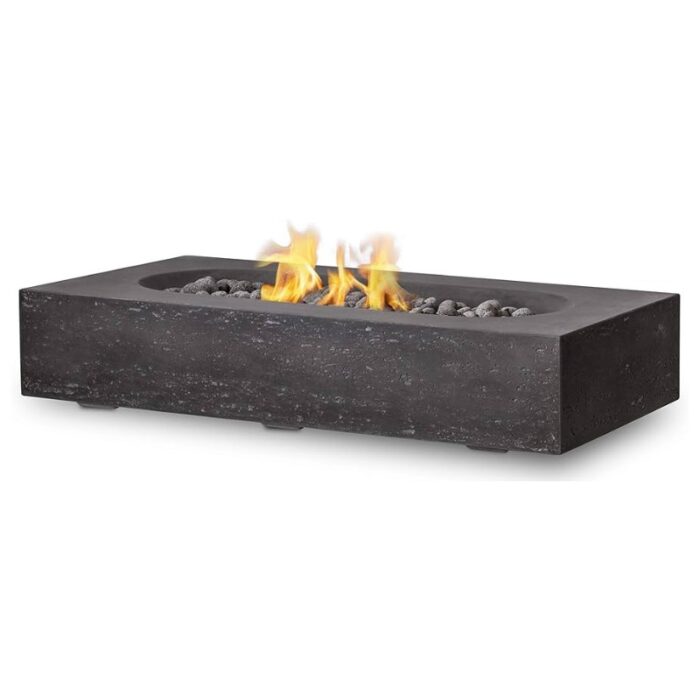 Modern rectangular outdoor fire pit with flames and decorative stones, designed for stylish patio heating and ambiance.