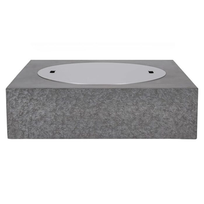 Concrete fire pit table with a circular metal top, designed for outdoor use, featuring a modern aesthetic and durable construction.