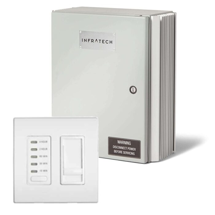 Infrared heating control unit with a wall switch, featuring power settings and a warning label to disconnect power before servicing.