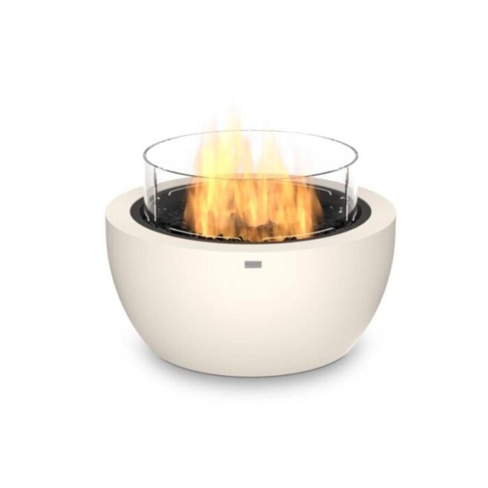 Modern outdoor fire pit with a glass enclosure, featuring a sleek white design and vibrant flames, ideal for enhancing backyard ambiance.