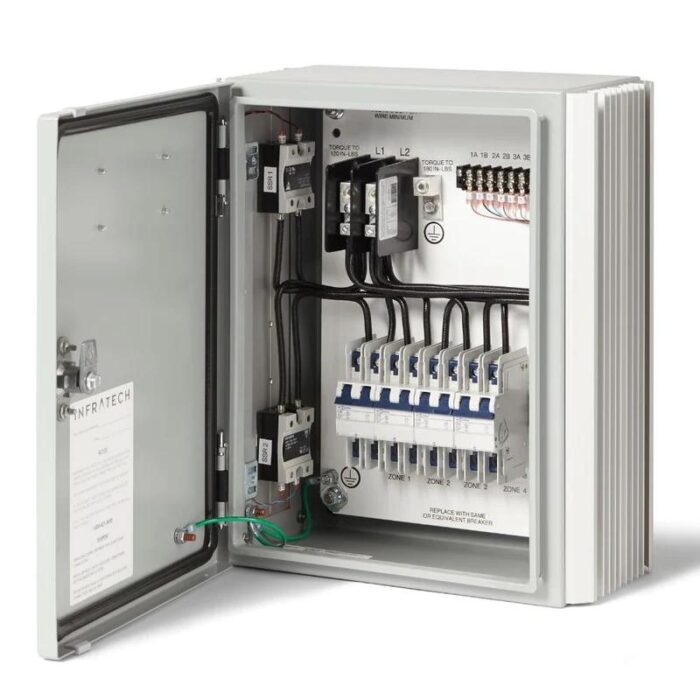 Electrical control panel showing internal wiring, circuit breakers, and connection points for multiple zones. Ideal for managing electrical systems in commercial or industrial applications.