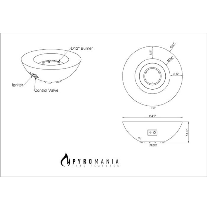 Diagram of a 41-inch fire feature with a 12-inch burner, showing the igniter and control valve locations, along with detailed dimensions.