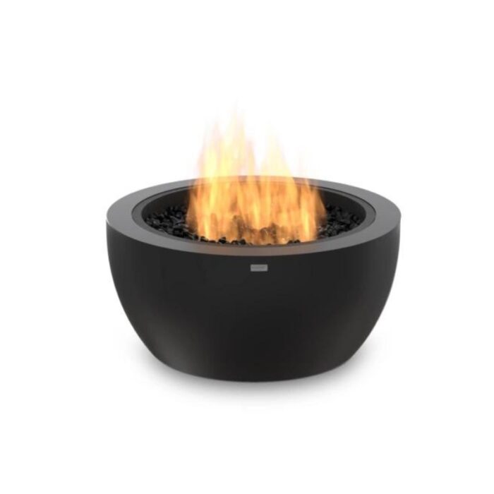 Modern outdoor fire pit with flames and black decorative stones in a sleek bowl design. Ideal for enhancing outdoor gatherings and ambiance.