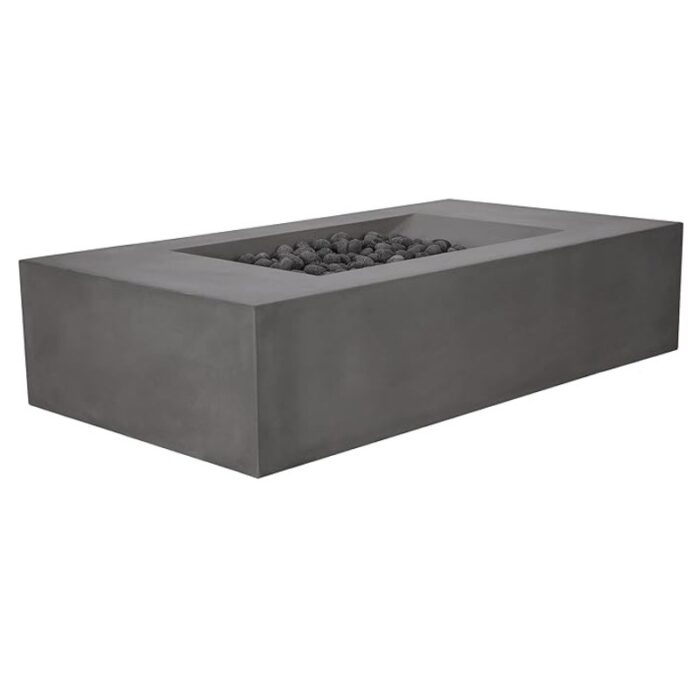 Modern rectangular concrete fire pit with lava rocks, perfect for outdoor gatherings and enhancing patio aesthetics.
