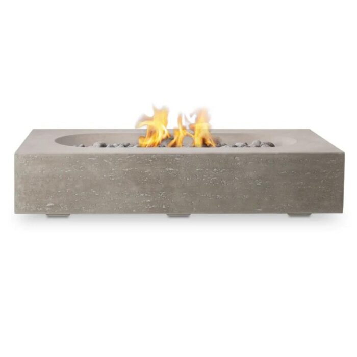 Contemporary rectangular concrete fire pit with flames and decorative stones, ideal for outdoor gatherings and ambiance.