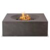 Modern rectangular concrete fire pit with flames and decorative stones, perfect for outdoor gatherings.