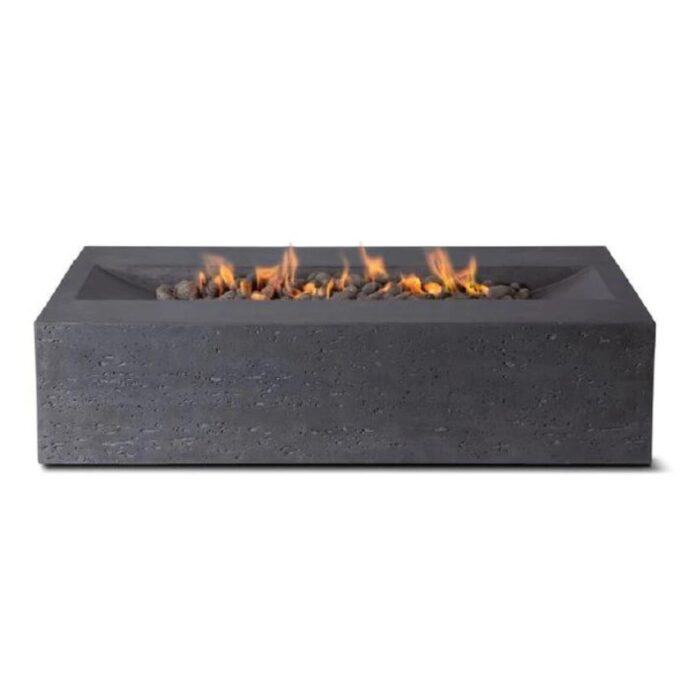 Modern rectangular outdoor fire pit with flames and decorative stones, featuring a sleek concrete design.