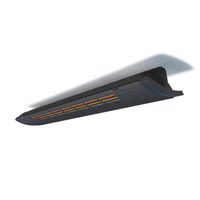 Infrared ceiling heater with a sleek black design, featuring multiple heating elements for efficient warmth in indoor spaces.