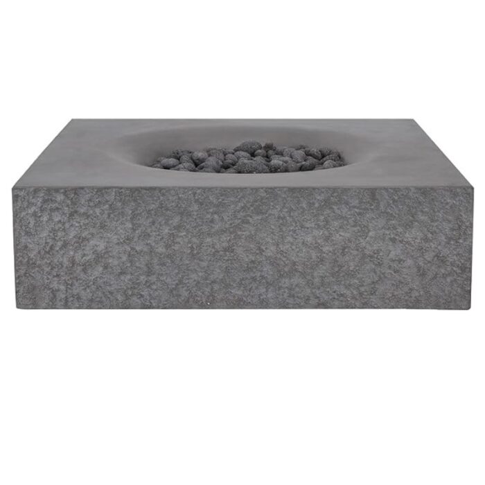Modern concrete fire pit with a rectangular design and decorative stones inside, ideal for outdoor gatherings.