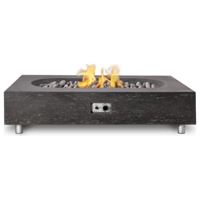 Modern outdoor gas fire pit with a sleek black stone design, featuring decorative pebbles and an adjustable flame control.