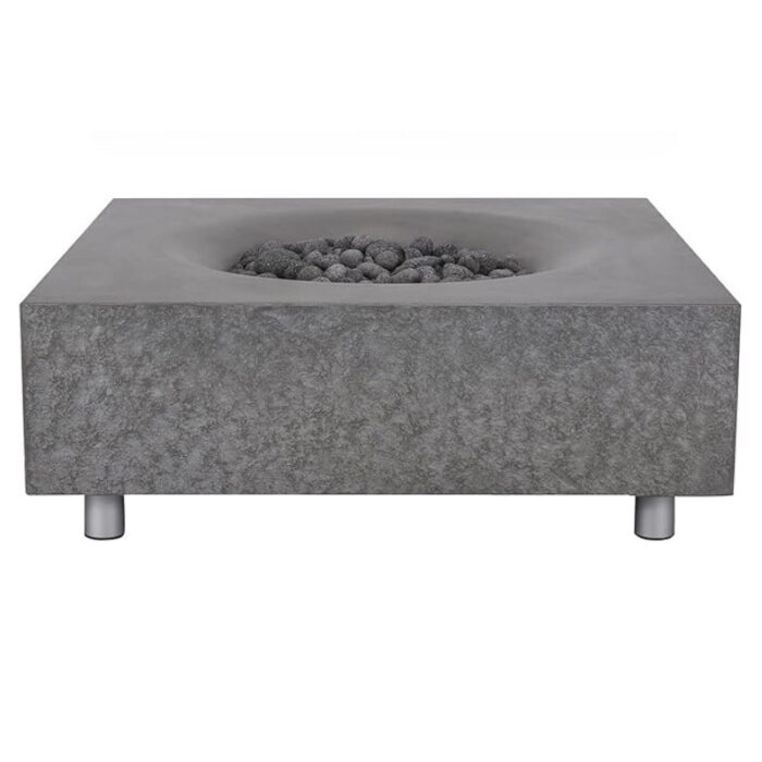 Modern concrete fire pit with a minimalist design, featuring a circular bowl filled with decorative stones and supported by sleek metal legs. Ideal for outdoor gatherings and enhancing patio aesthetics.