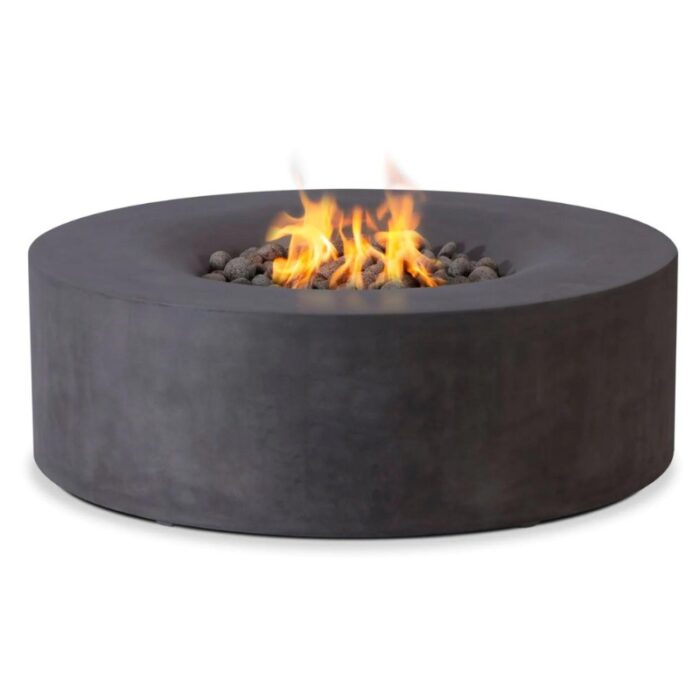 Modern round concrete fire pit with flames and decorative stones, ideal for outdoor gatherings and enhancing backyard ambiance.