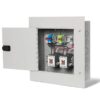 Electrical control panel with open door, showcasing circuit breakers, terminal blocks, and wiring connections inside a grey enclosure.