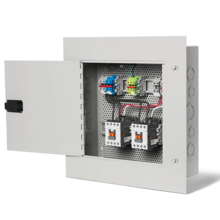 Electrical control panel with open door, showcasing circuit breakers, terminal blocks, and wiring connections inside a grey enclosure.