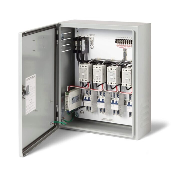 Electrical control panel with multiple circuit breakers and wiring, showcasing internal components and connections.