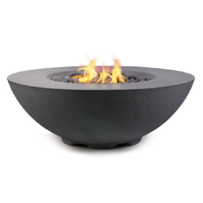 Modern outdoor fire pit with a sleek black design and vibrant flames, perfect for backyard gatherings and ambiance.