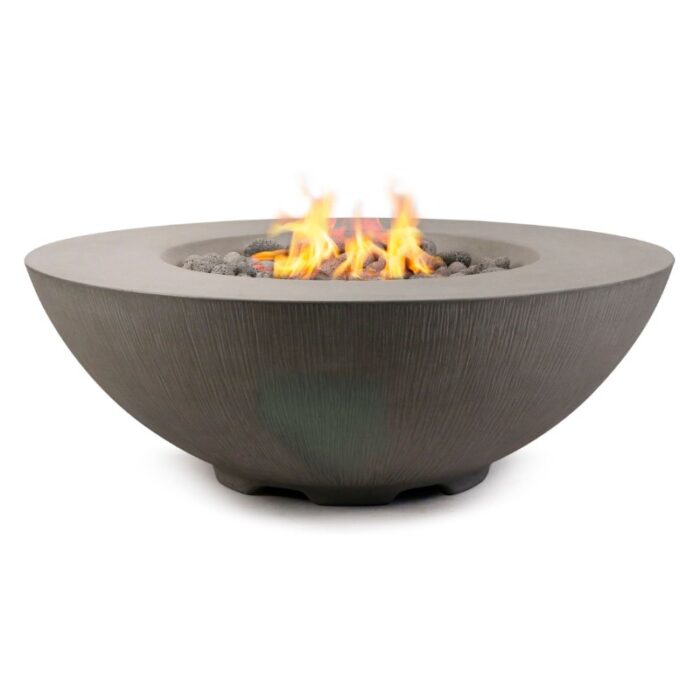 Modern round concrete fire pit with flames and decorative stones, ideal for outdoor gatherings and cozy evenings.
