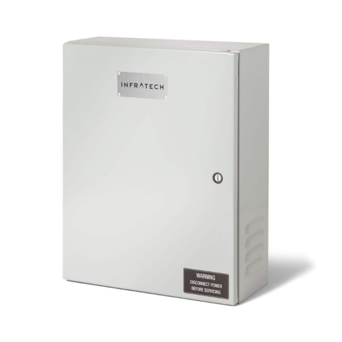 Infratech control box with warning label for power disconnection before servicing, designed for outdoor heating systems.