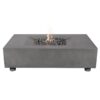 Modern rectangular concrete fire pit with lava rocks and flames, ideal for outdoor gatherings and heating.