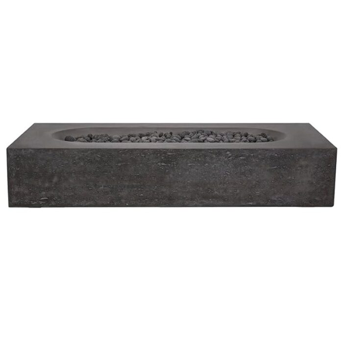 Modern rectangular concrete fire pit with decorative pebbles, perfect for outdoor gatherings.