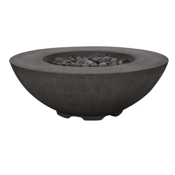 Modern outdoor fire pit with a sleek, bowl-shaped design and decorative lava rocks. Perfect for cozy gatherings and enhancing patio aesthetics.