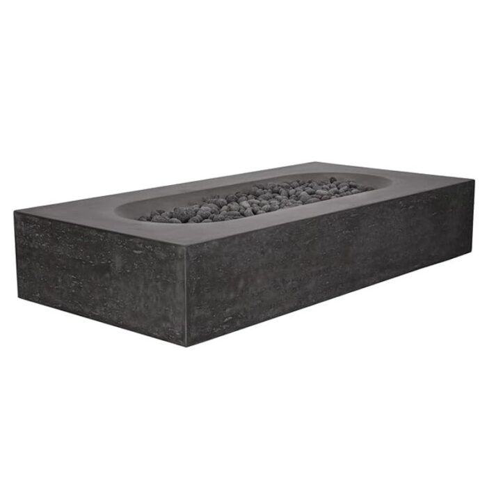 Modern rectangular concrete fire pit with lava rocks, perfect for outdoor gatherings and enhancing patio aesthetics.
