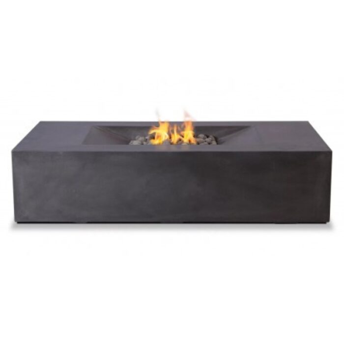 Modern rectangular concrete fire pit with flames and decorative stones, ideal for outdoor gatherings.