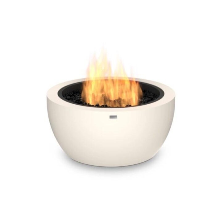 Modern outdoor fire pit with flames and black lava rocks in a sleek white bowl design. Perfect for enhancing backyard ambiance and warmth.