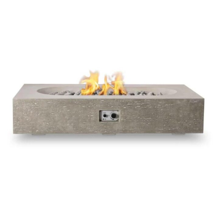 Modern concrete fire pit with flames and decorative stones, ideal for outdoor gatherings and ambiance.