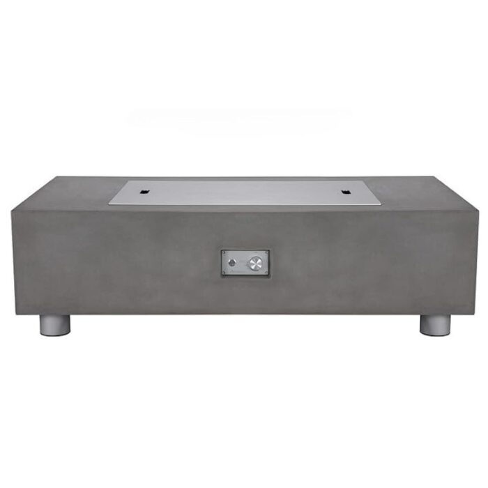 Modern concrete fire pit table with stainless steel burner and sleek design, perfect for outdoor gatherings.