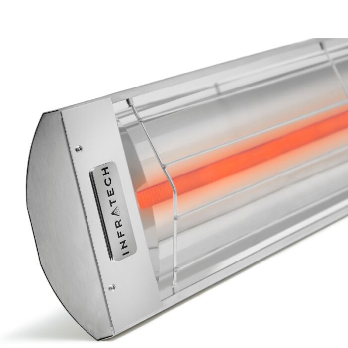 Infrared heater with a sleek stainless steel design and visible heating element, ideal for outdoor heating solutions.