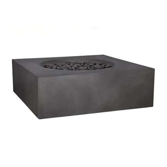Modern square concrete fire pit with black lava rocks, ideal for outdoor spaces and gatherings.