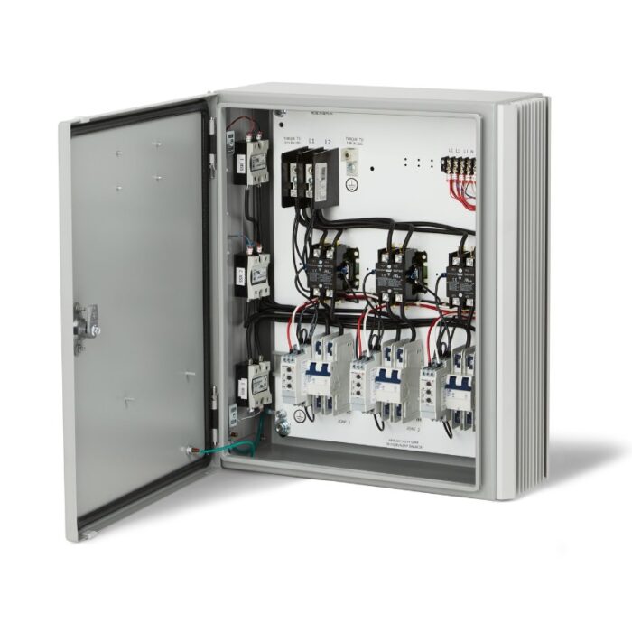 Electrical control panel with open door, showcasing internal circuit breakers, relays, and wiring connections for efficient power management.