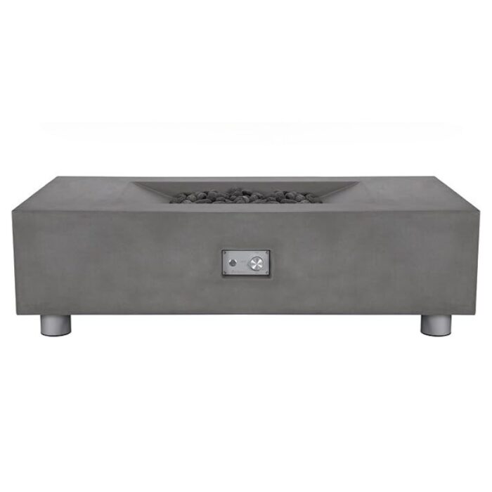 Modern concrete fire pit with a rectangular design, featuring a central area filled with decorative stones and a control panel for easy operation. Ideal for outdoor gatherings and enhancing patio aesthetics.
