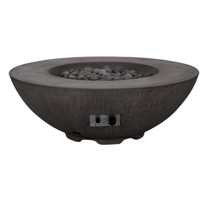 Modern outdoor gas fire pit with a sleek concrete design and lava rock filler, ideal for enhancing patio ambiance and warmth.