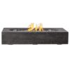 Modern rectangular outdoor fire pit with flames and decorative stones, perfect for enhancing outdoor spaces.