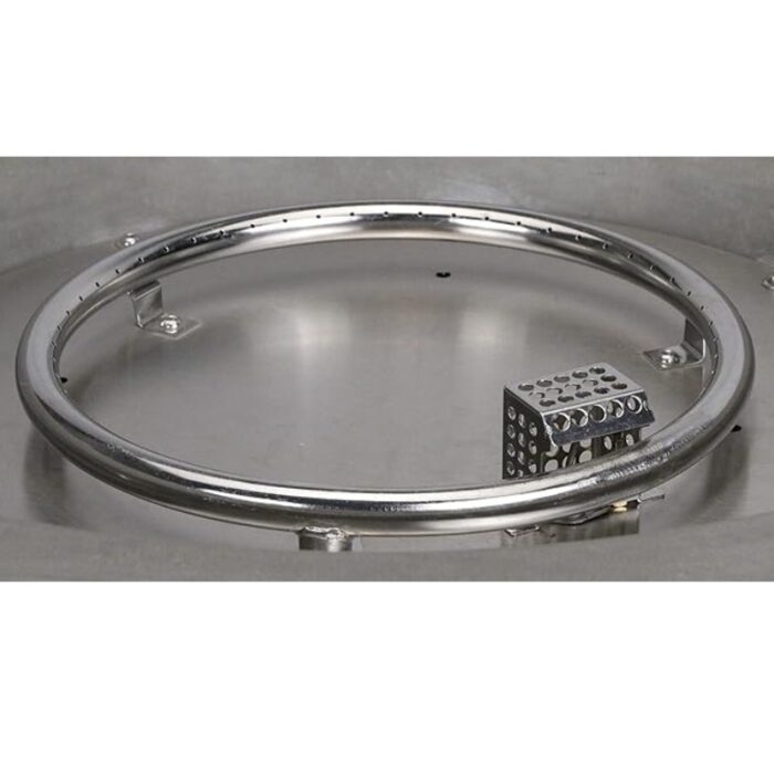 Stainless steel circular frame with perforated cube, designed for industrial applications.