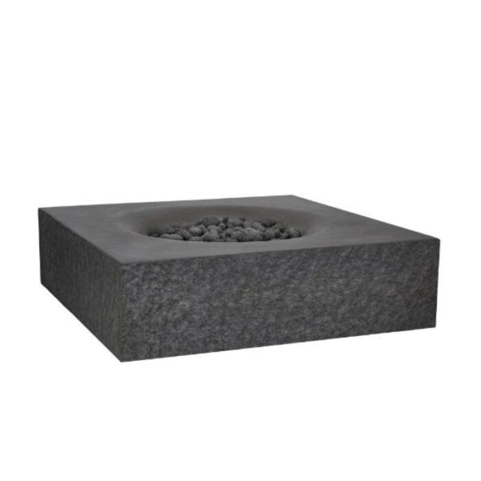 Modern square fire pit with a sleek design and lava rocks in the center, ideal for outdoor gatherings.