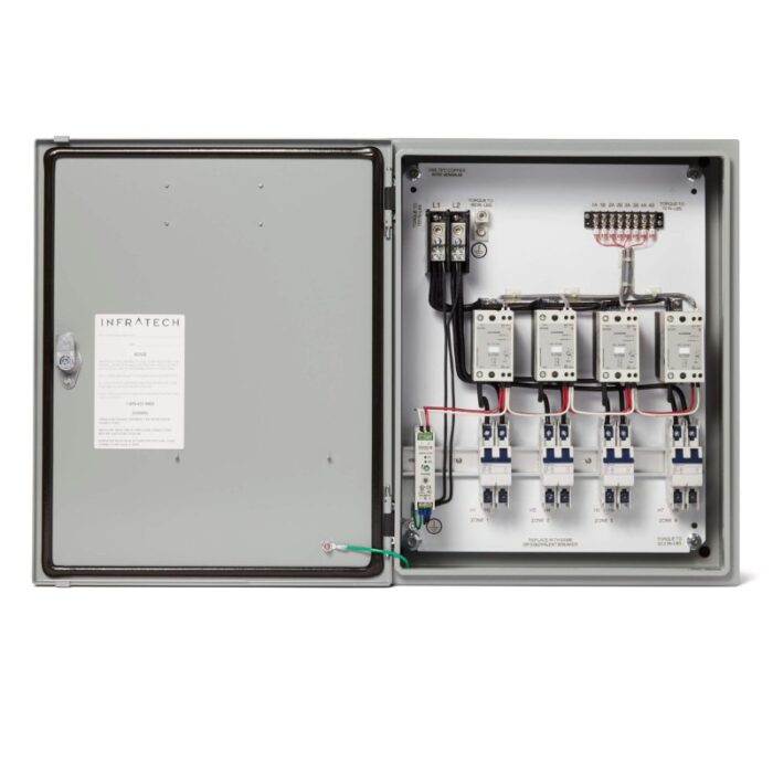 Electrical control panel with labeled relays and connections for infrared heating systems, featuring a secure metal enclosure.