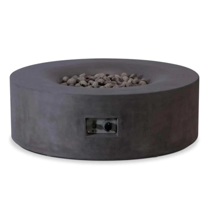 Modern round concrete fire pit with lava rocks and control panel for outdoor use.