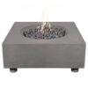 Modern square concrete fire pit with flame and lava rocks, ideal for outdoor gatherings.