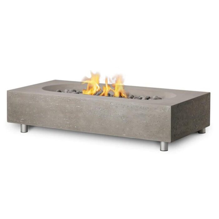 Modern concrete fire pit table with flames and decorative rocks, ideal for outdoor gatherings and ambiance.